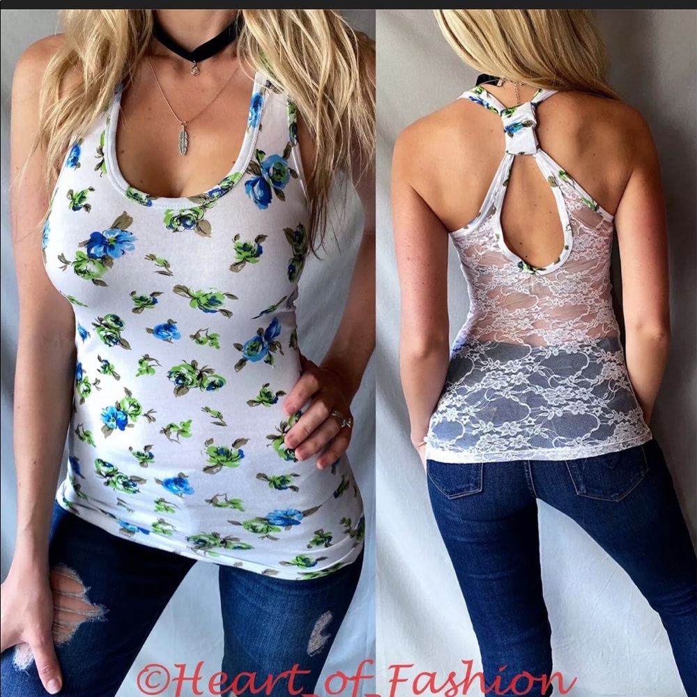Floral Print Sheer Lace Back Racerback Tank Top